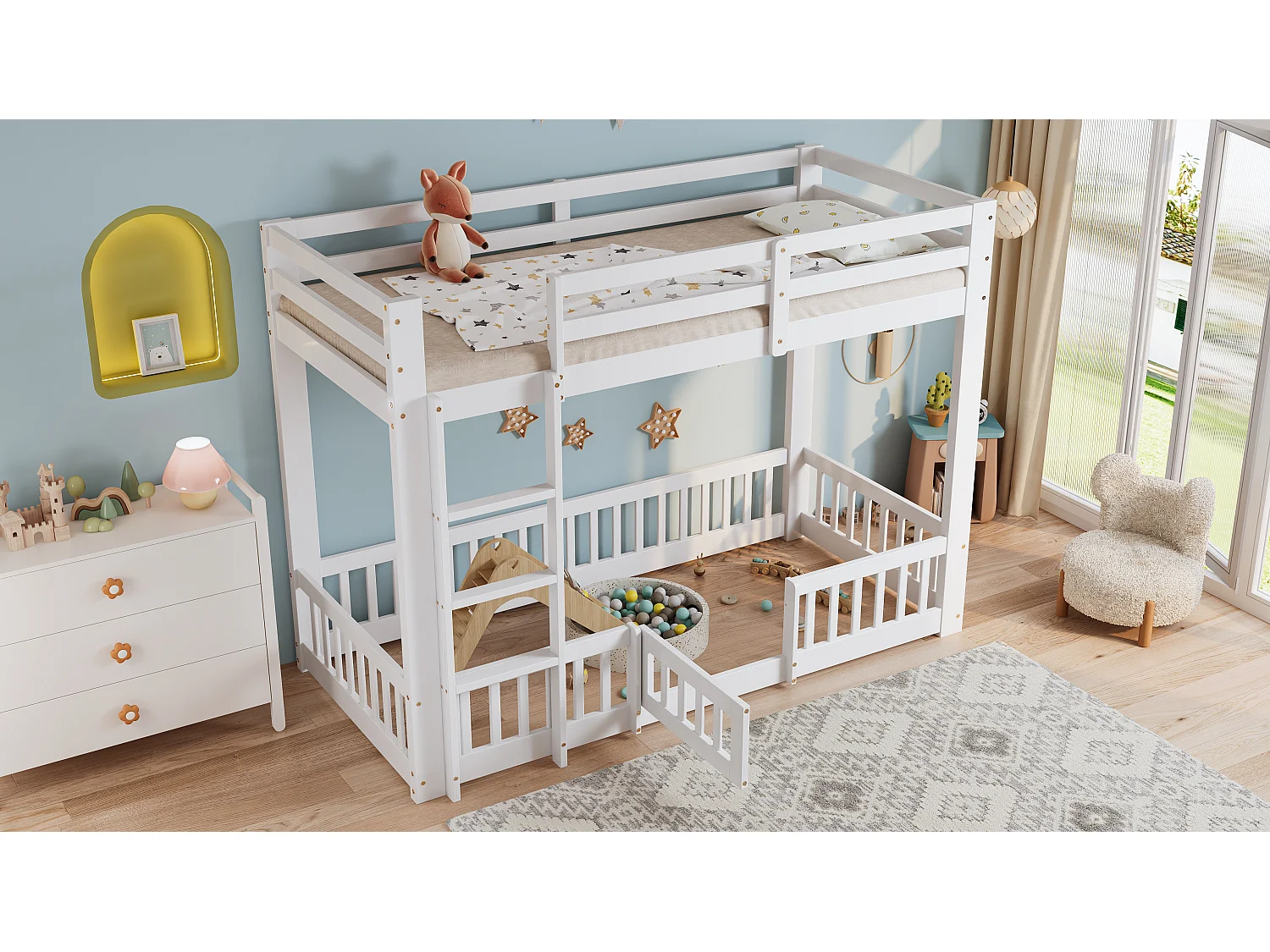 Kinder-Etagenbett - 2 x 90 x 200 cm - mit rechtwinkliger Treppe + Geländer + Tür Natur - Holz - Weiß