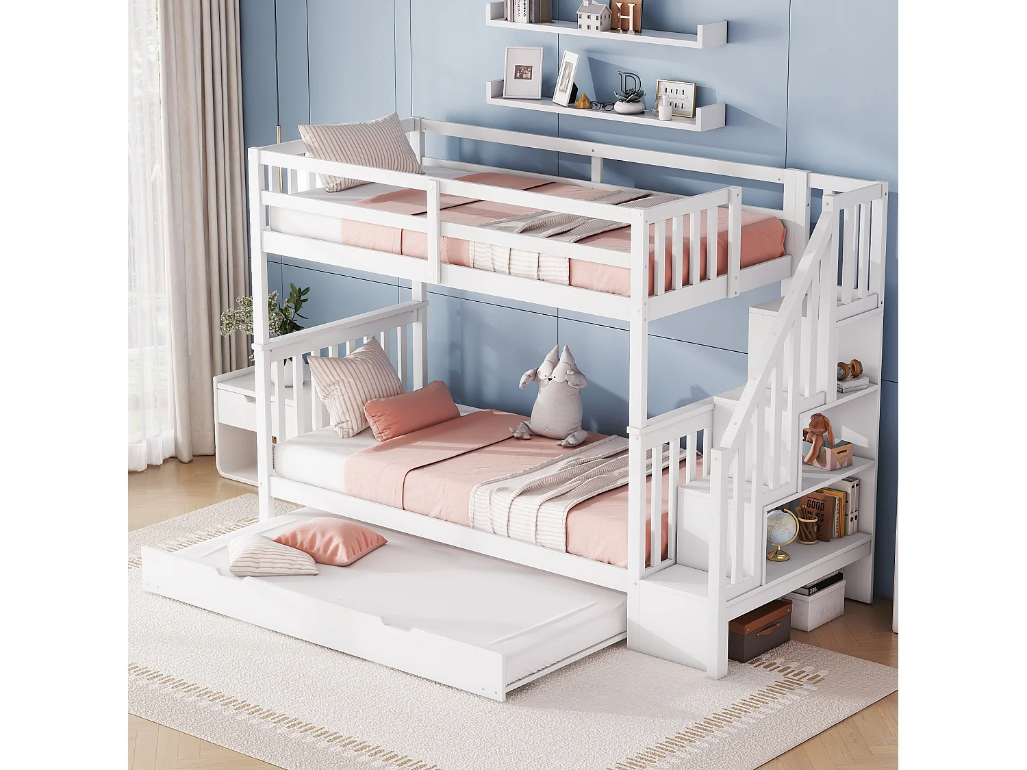 Wit stapelbed 90 x 200 cm met trapframe en uitschuifbed (zonder matras)