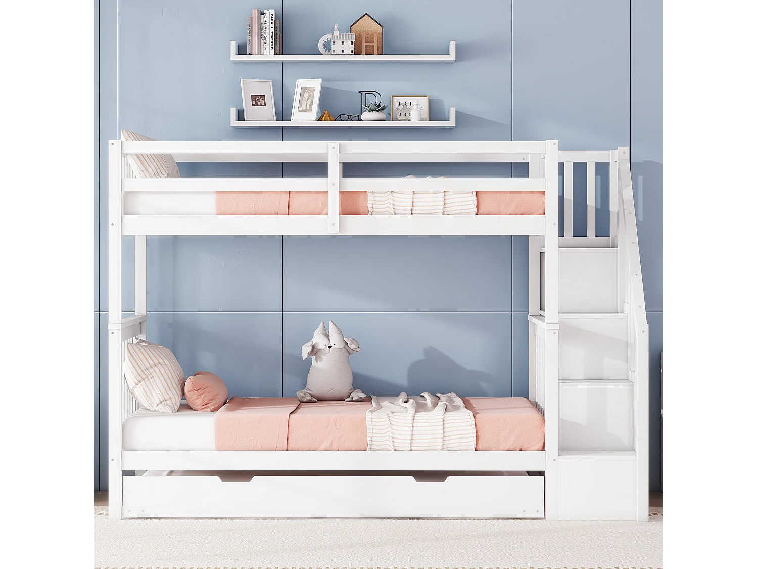 Wit stapelbed 90 x 200 cm met trapframe en uitschuifbed (zonder matras)