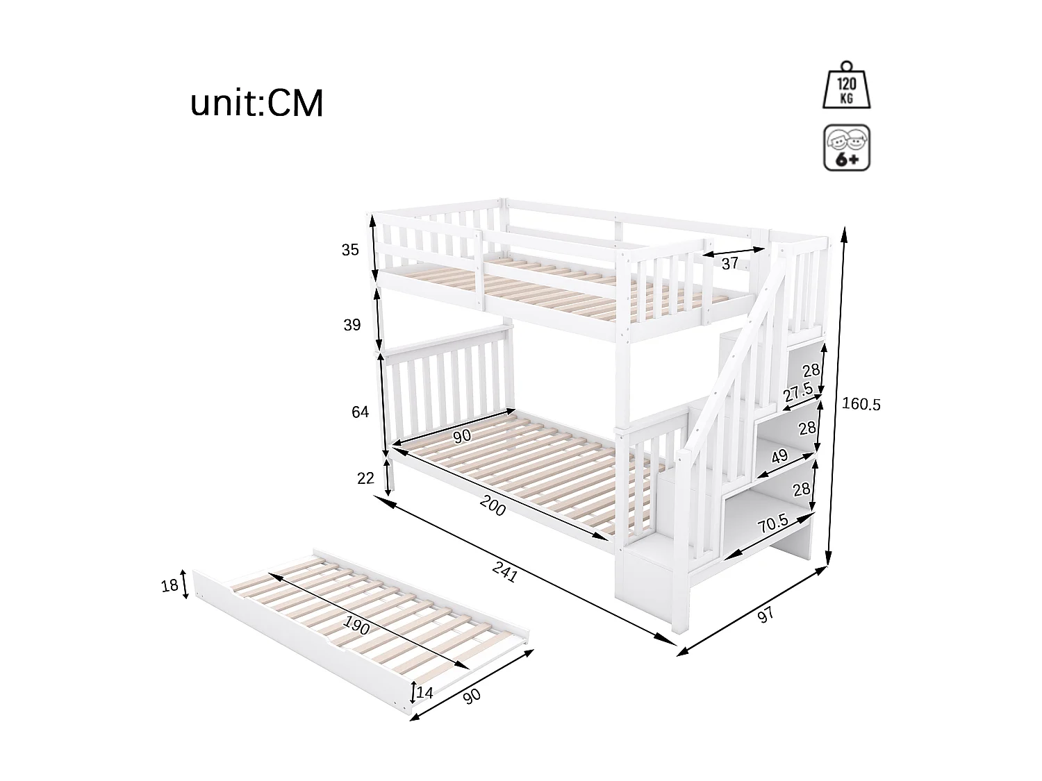 Wit stapelbed 90 x 200 cm met trapframe en uitschuifbed (zonder matras)