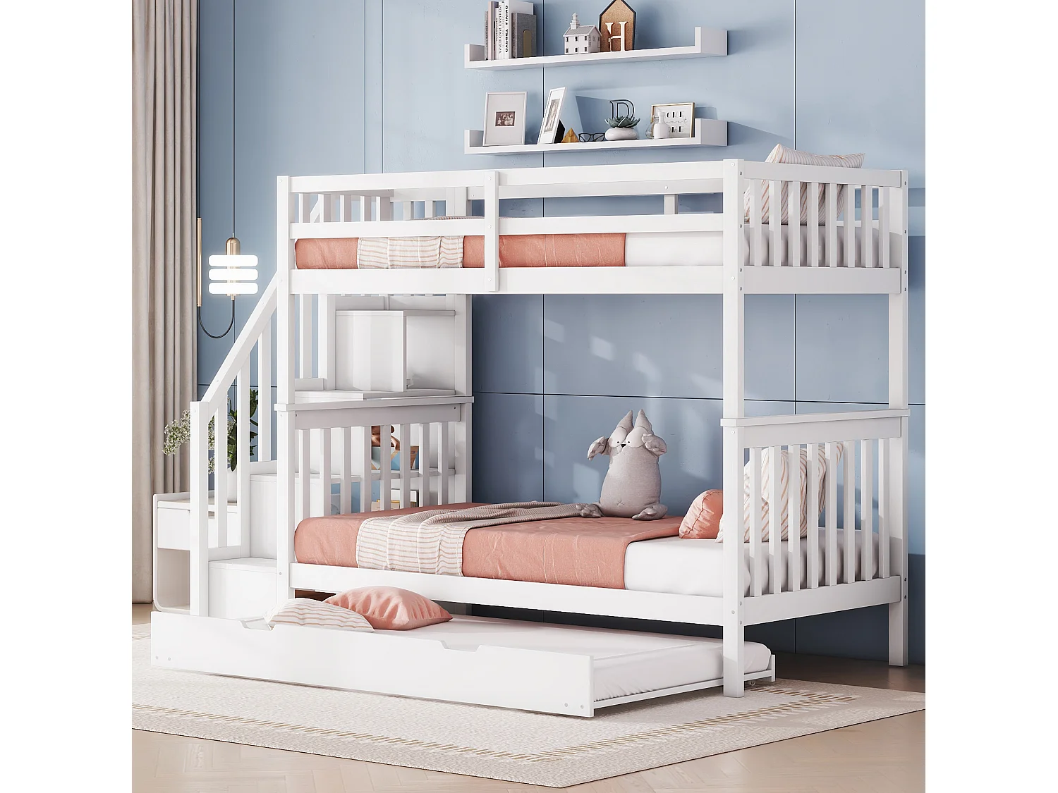 Wit stapelbed 90 x 200 cm met trapframe en uitschuifbed (zonder matras)