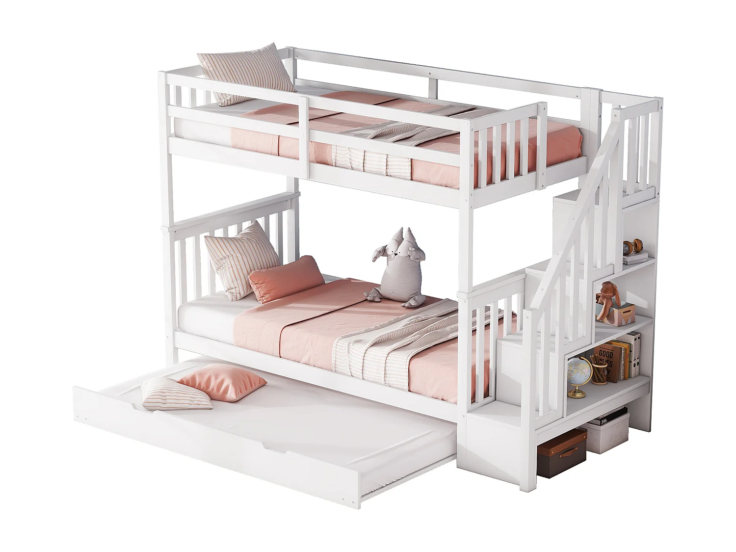 Wit stapelbed 90 x 200 cm met trapframe en uitschuifbed (zonder matras)