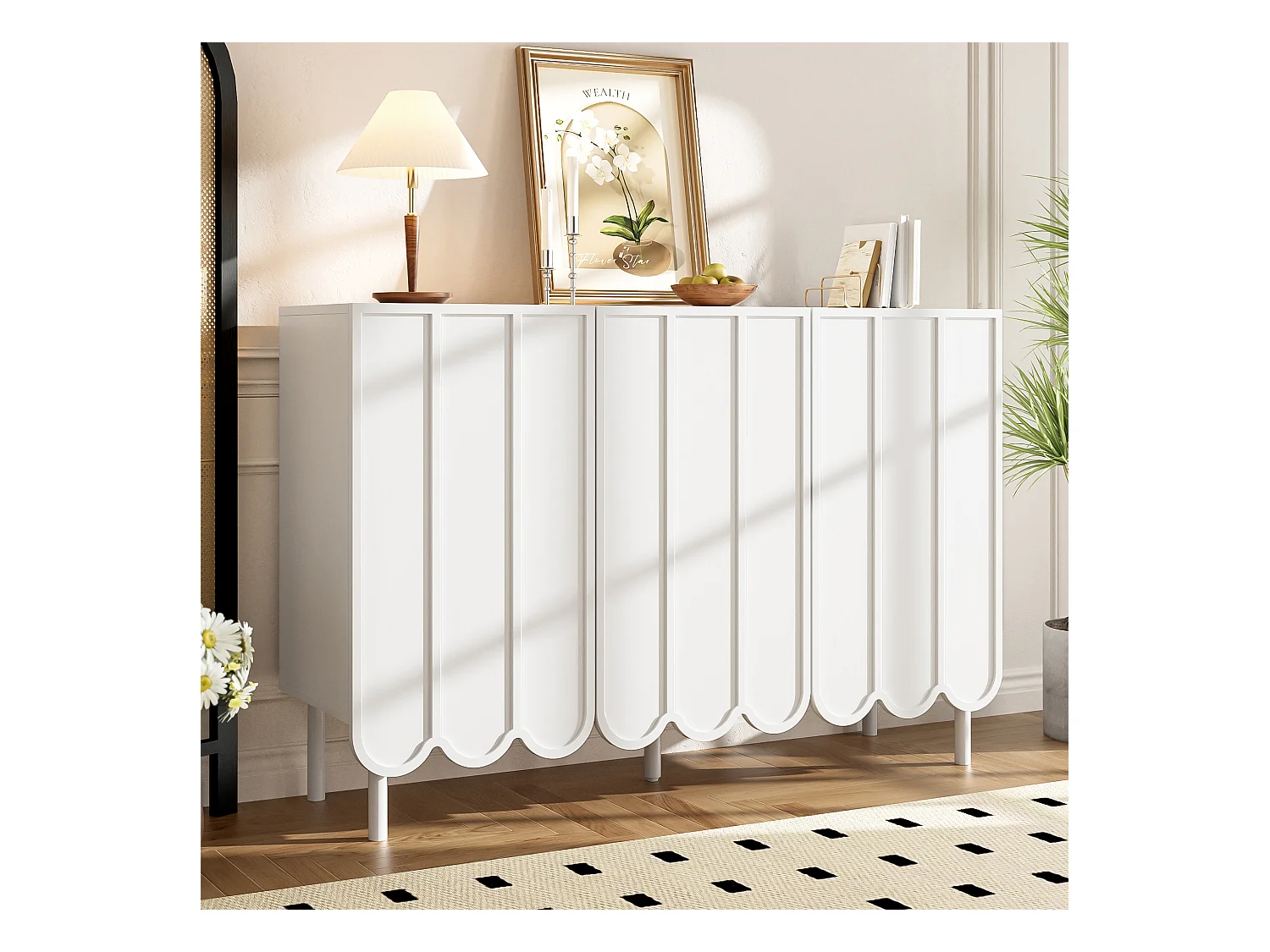 Buffet moderne avec portes ondulées - 120 x 35 x 80 cm - avec étagères réglables - MDF - blanc