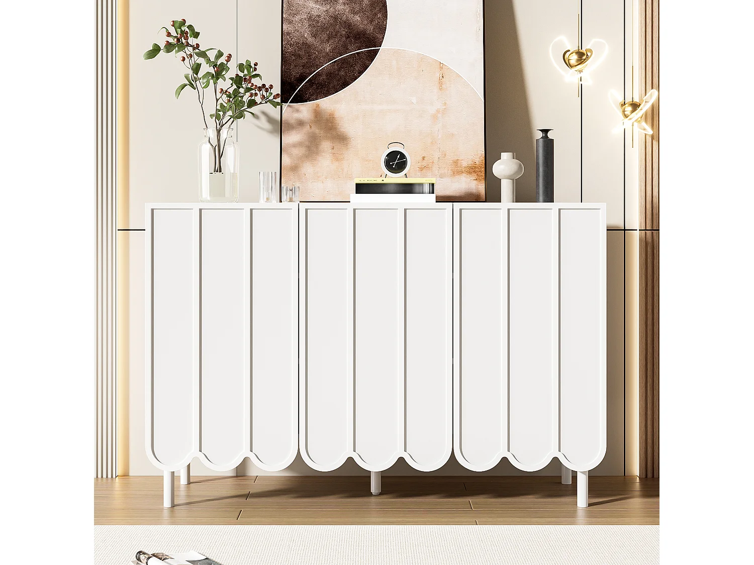 Buffet moderne avec portes ondulées - 120 x 35 x 80 cm - avec étagères réglables - MDF - blanc