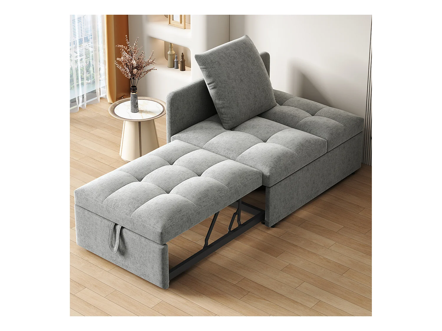 Canapé-lit capitonné 3 en 1 - 60 x 150 cm - Canapé avec dossier réglable - Tissu lin - gris