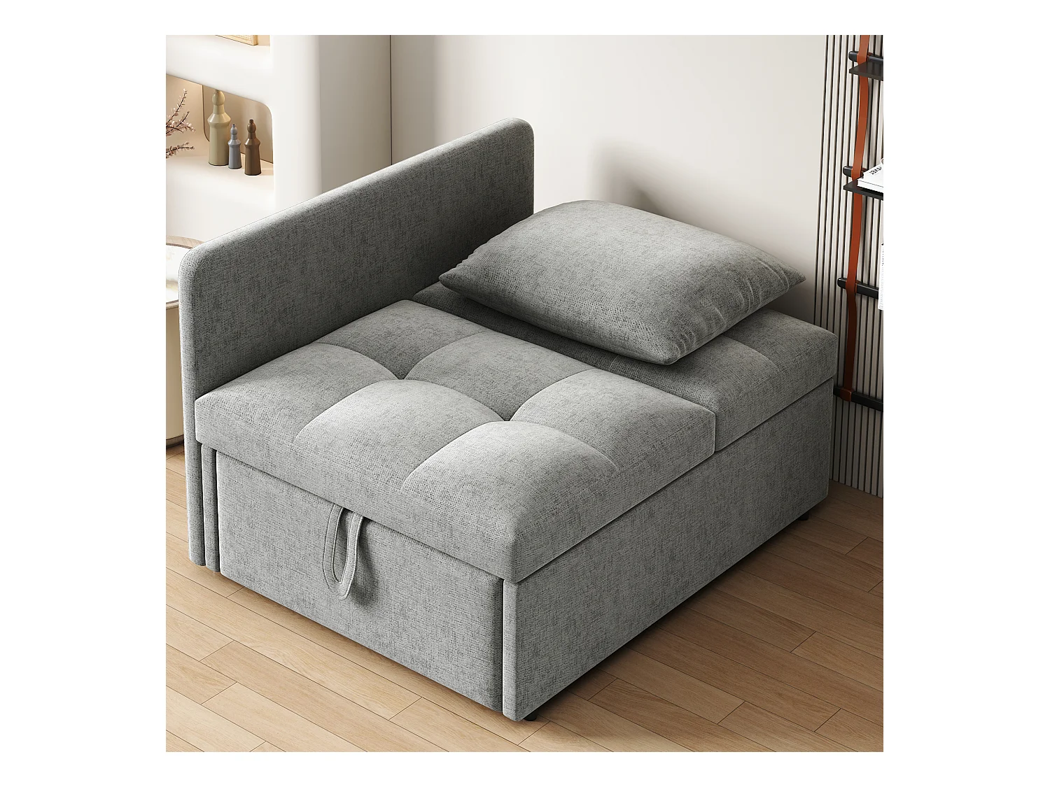 Canapé-lit capitonné 3 en 1 - 60 x 150 cm - Canapé avec dossier réglable - Tissu lin - gris