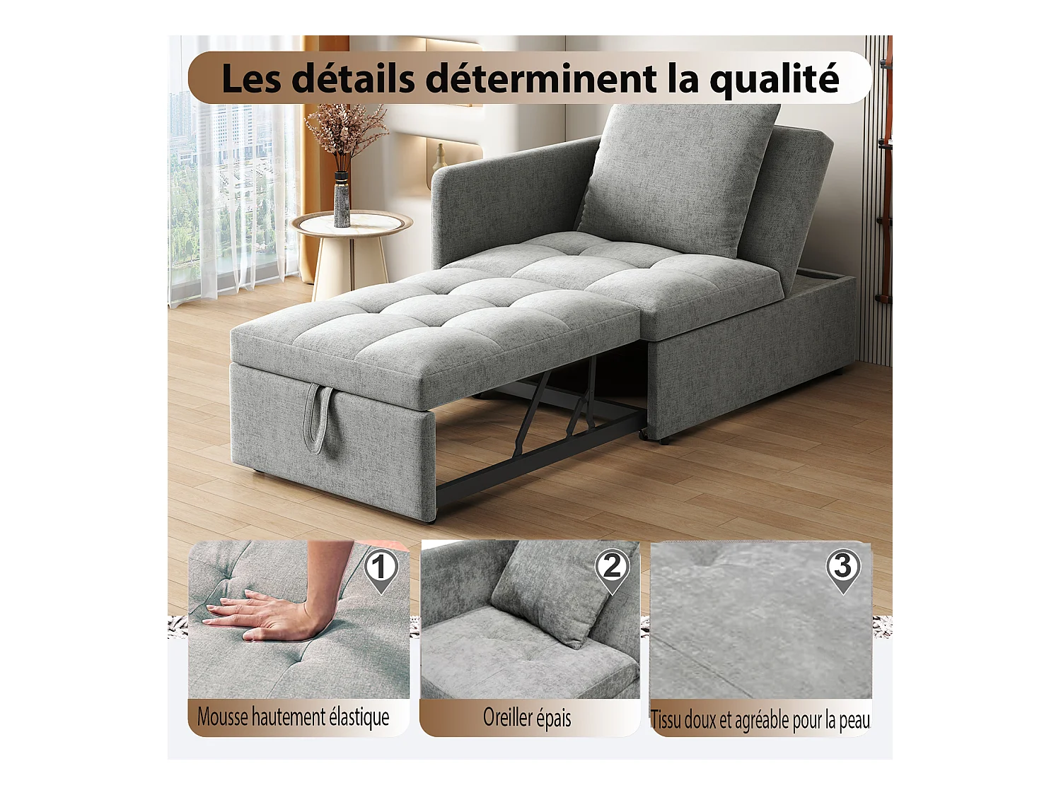 Canapé-lit capitonné 3 en 1 - 60 x 150 cm - Canapé avec dossier réglable - Tissu lin - gris