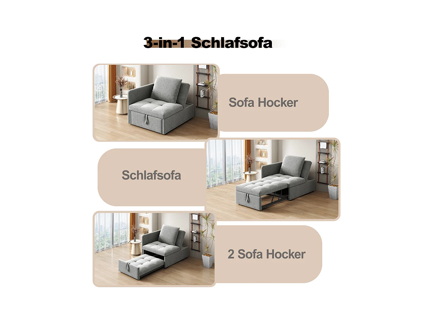 Canapé-lit capitonné 3 en 1 - 60 x 150 cm - Canapé avec dossier réglable - Tissu lin - gris