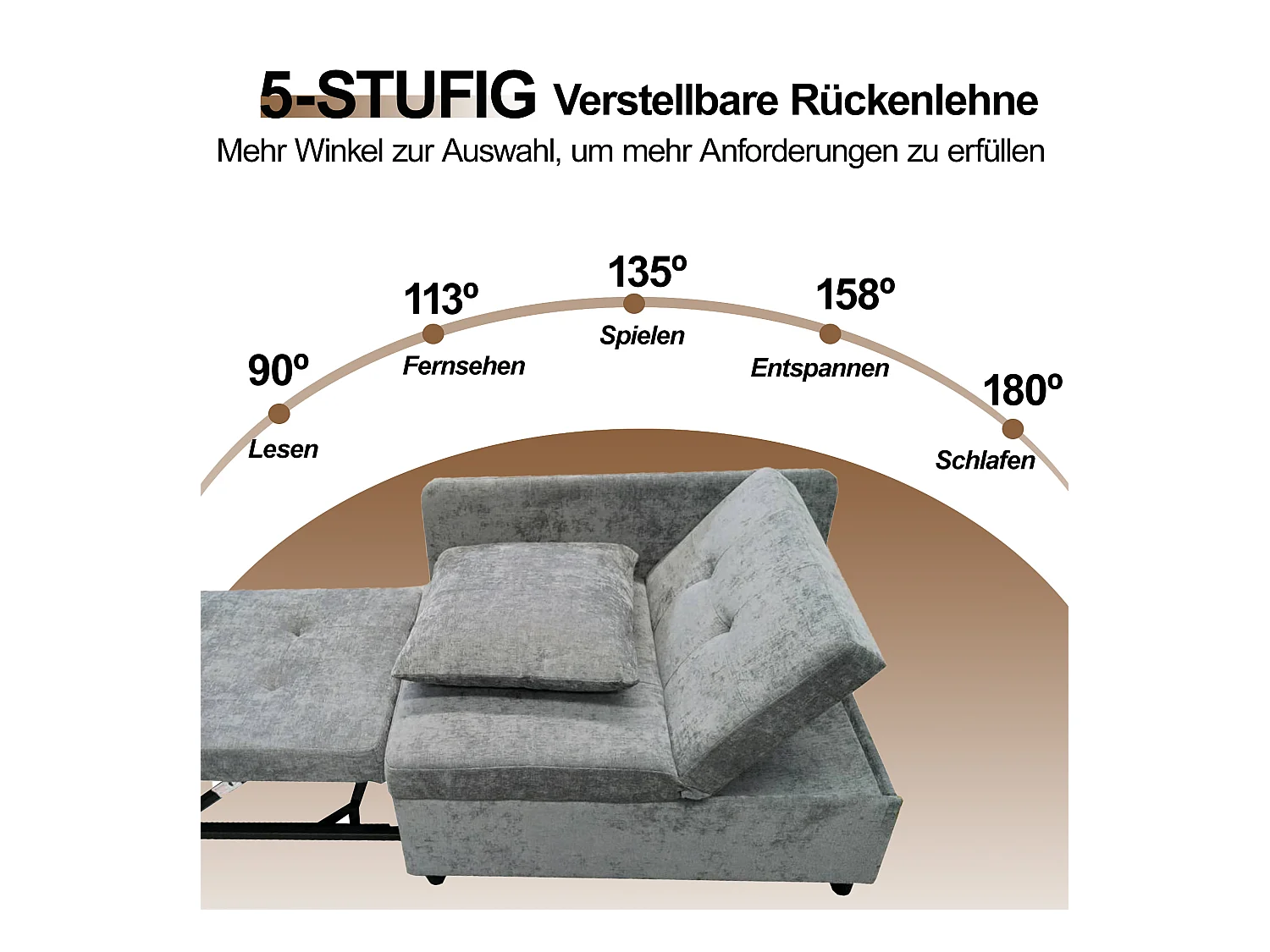 Canapé-lit capitonné 3 en 1 - 60 x 150 cm - Canapé avec dossier réglable - Tissu lin - gris