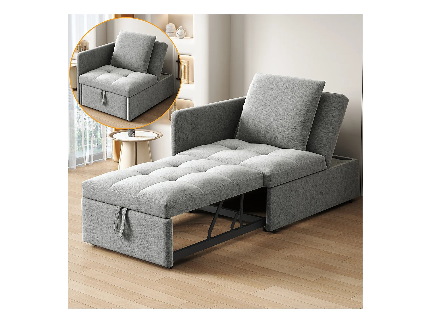 3-in-1 Polstersofa - 60 x 150 cm - Sofa mit verstellbarer Rückenlehne - Leinenstoff - Grau
