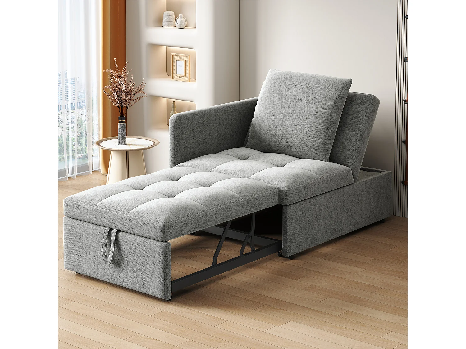 Canapé-lit capitonné 3 en 1 - 60 x 150 cm - Canapé avec dossier réglable - Tissu lin - gris