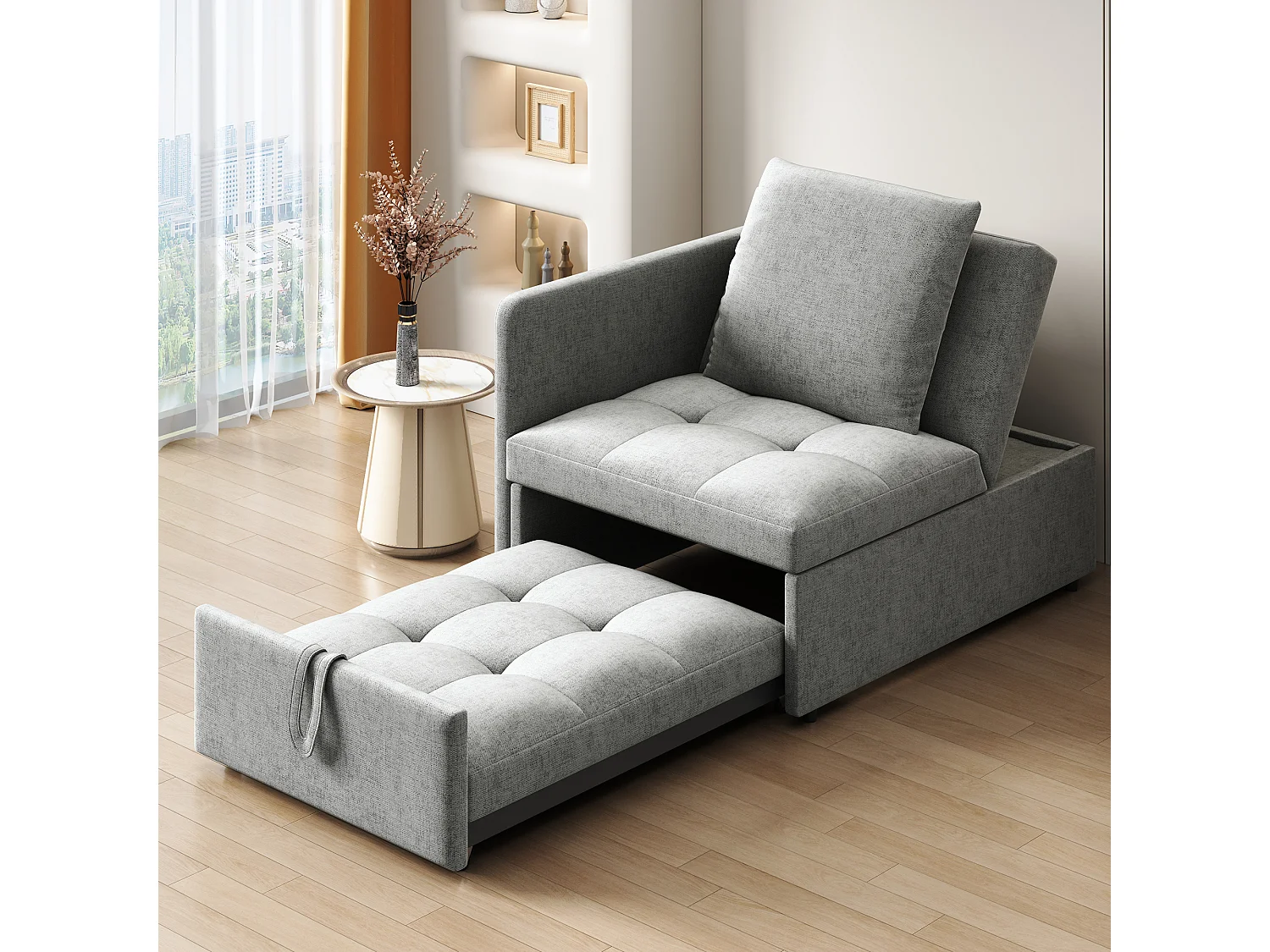 Canapé-lit capitonné 3 en 1 - 60 x 150 cm - Canapé avec dossier réglable - Tissu lin - gris