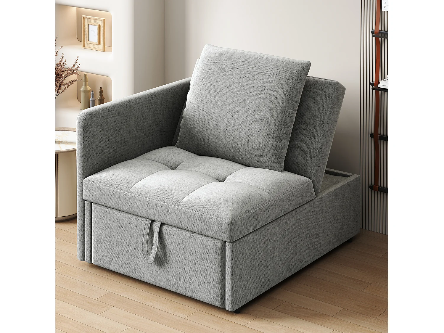 Canapé-lit capitonné 3 en 1 - 60 x 150 cm - Canapé avec dossier réglable - Tissu lin - gris