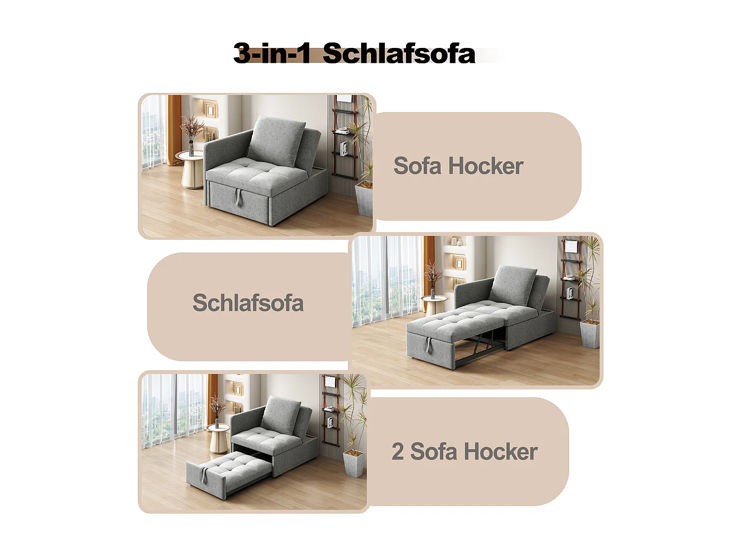 Canapé-lit capitonné 3 en 1 - 60 x 150 cm - Canapé avec dossier réglable - Tissu lin - gris