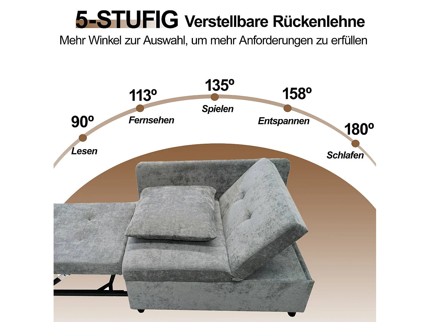 Canapé-lit capitonné 3 en 1 - 60 x 150 cm - Canapé avec dossier réglable - Tissu lin - gris