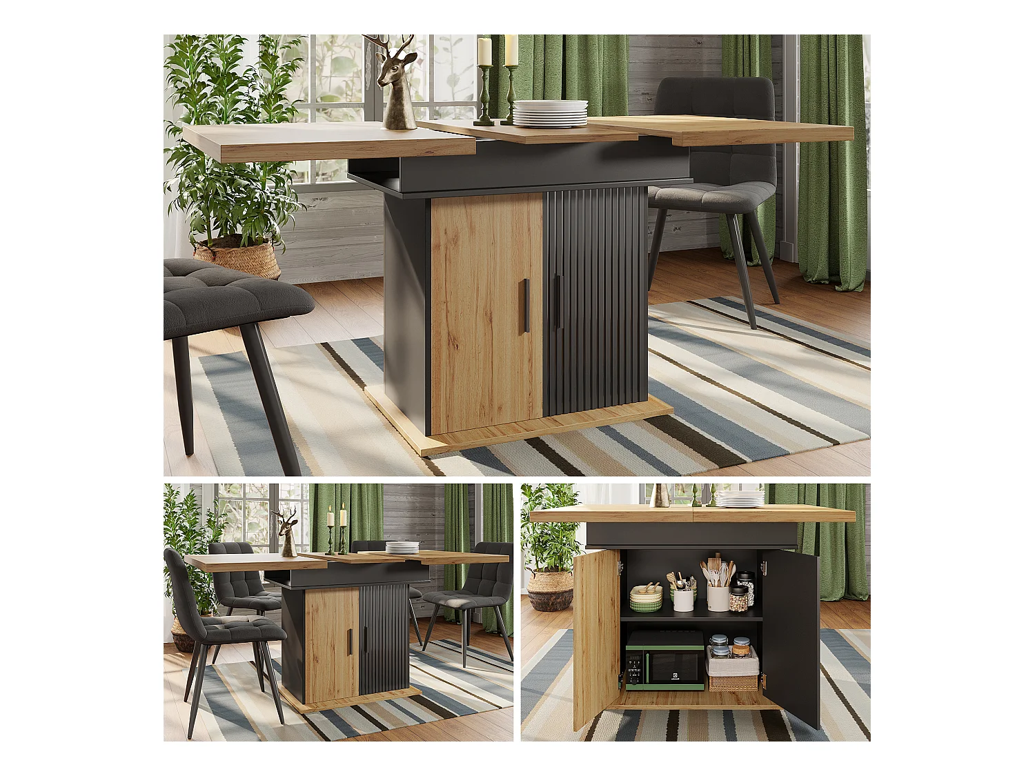 Opklapbare eettafel 4 - 6 plaatsen - 110-140 x 80 x 75 cm - uitschuifbaar - met 2 deuren - MDF - zwart