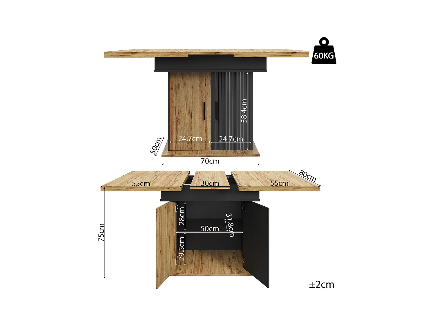 Opklapbare eettafel 4 - 6 plaatsen - 110-140 x 80 x 75 cm - uitschuifbaar - met 2 deuren - MDF - zwart