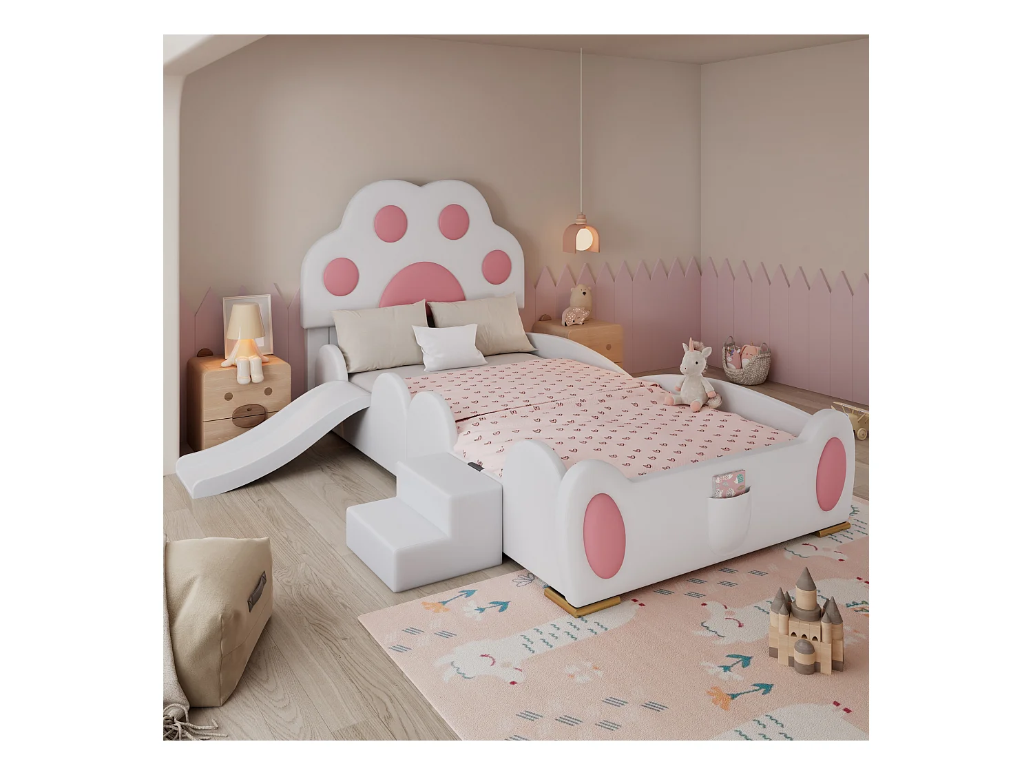 Cama infantil estofada - 90 x 200 cm - com cabeceira + escorregador + escada - PU - branco + rosa