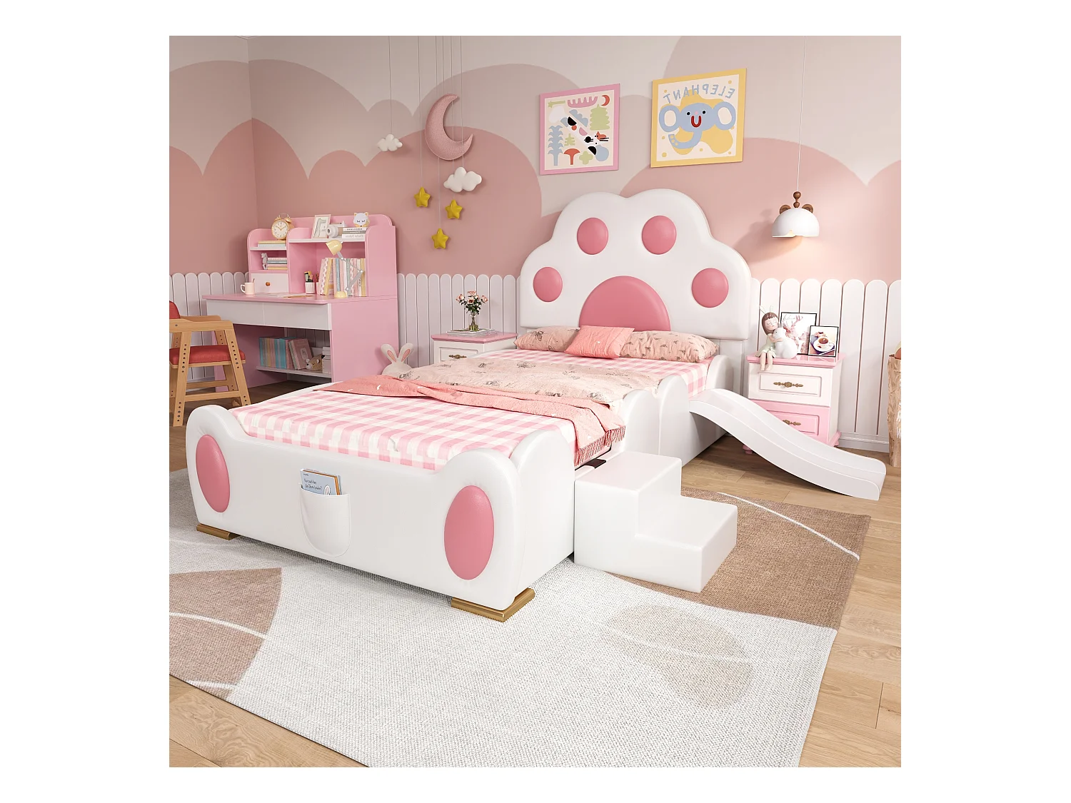 Cama infantil estofada - 90 x 200 cm - com cabeceira + escorregador + escada - PU - branco + rosa