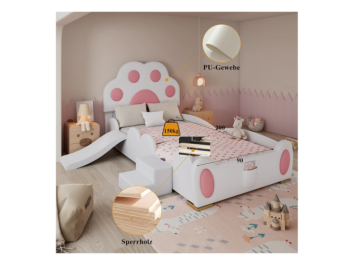 Cama infantil estofada - 90 x 200 cm - com cabeceira + escorregador + escada - PU - branco + rosa