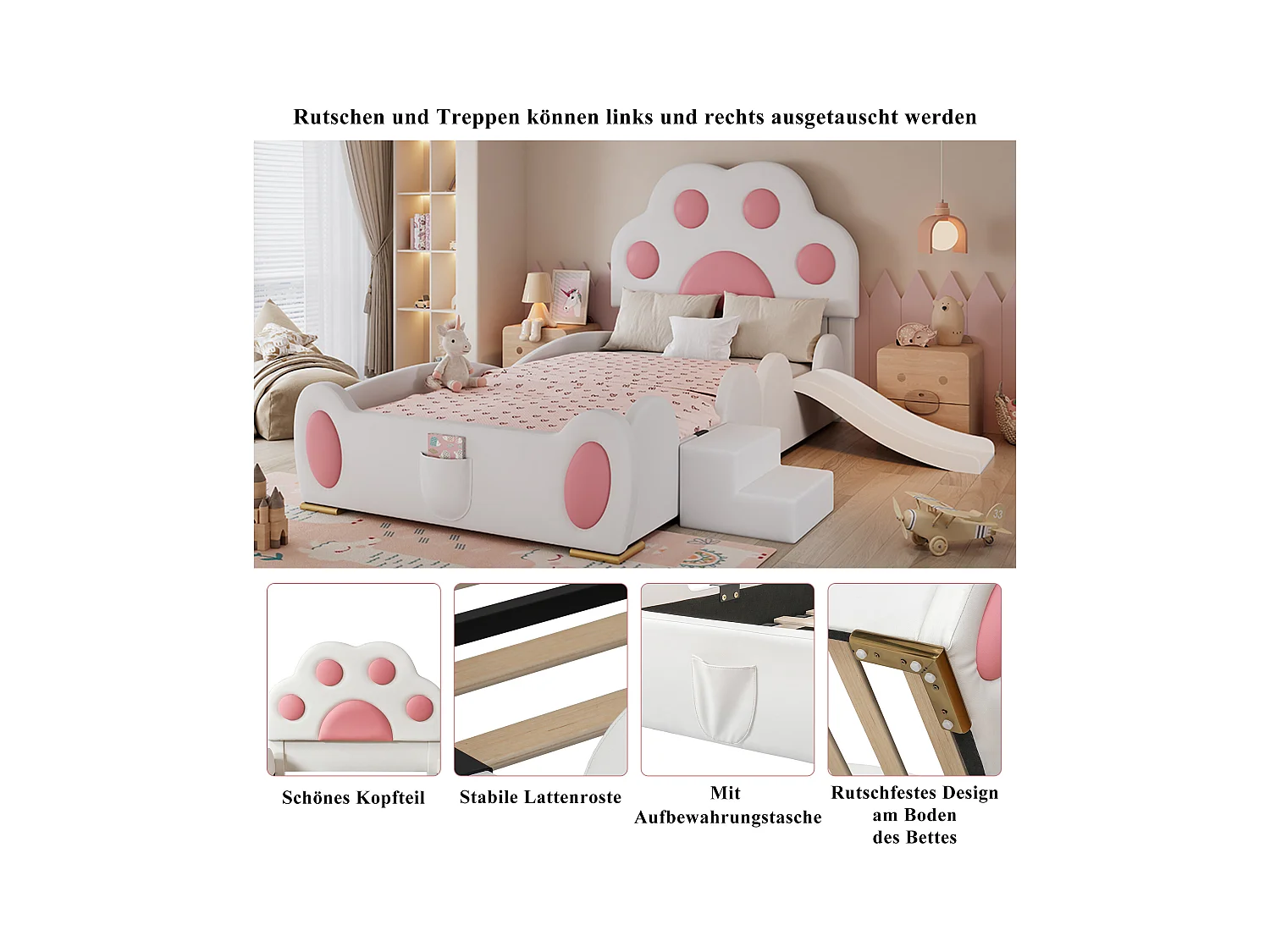 Cama infantil estofada - 90 x 200 cm - com cabeceira + escorregador + escada - PU - branco + rosa