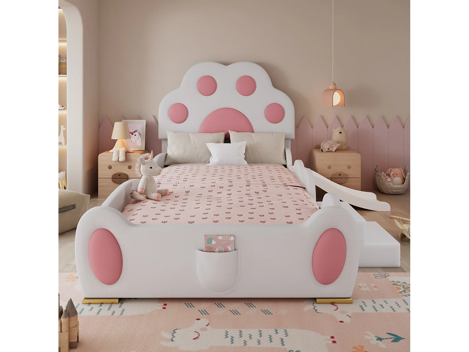 Lit rembourré pour enfant - 90 x 200 cm - avec tête de lit + avec toboggan + échelle - PU - blanc + rose