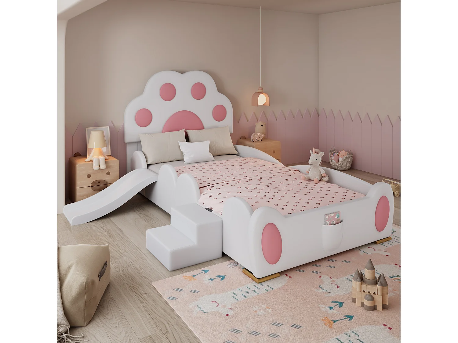 Lit rembourré pour enfant - 90 x 200 cm - avec tête de lit + avec toboggan + échelle - PU - blanc + rose