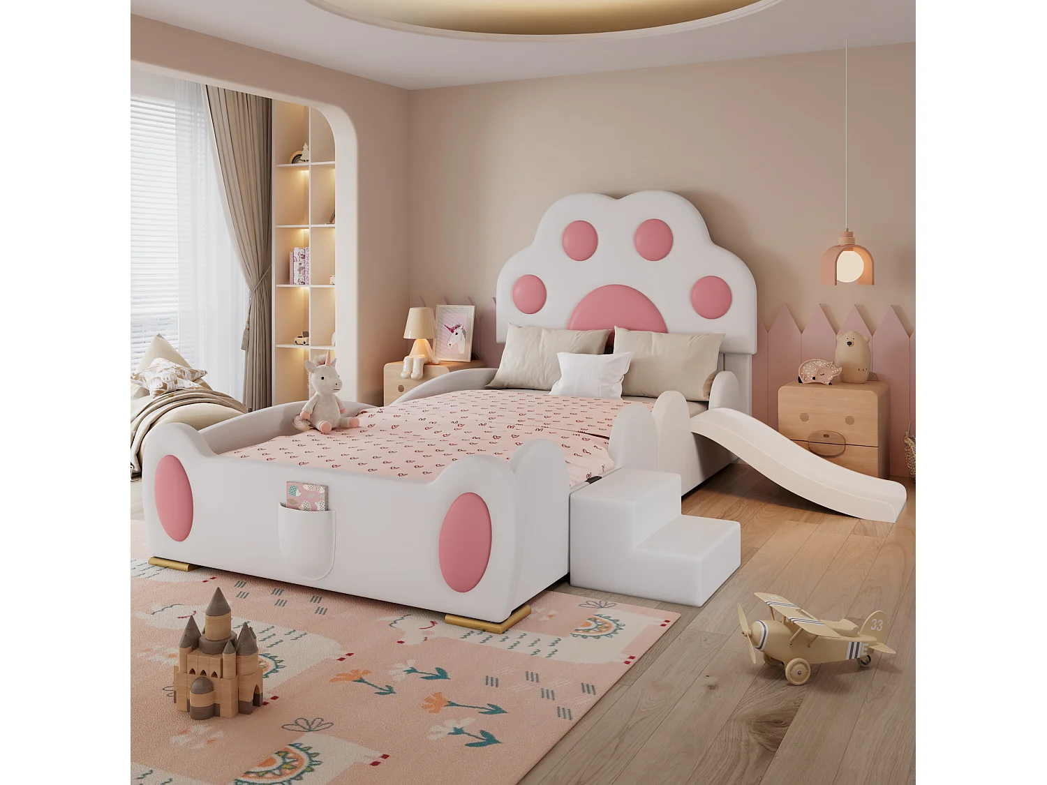 Lit rembourré pour enfant - 90 x 200 cm - avec tête de lit + avec toboggan + échelle - PU - blanc + rose