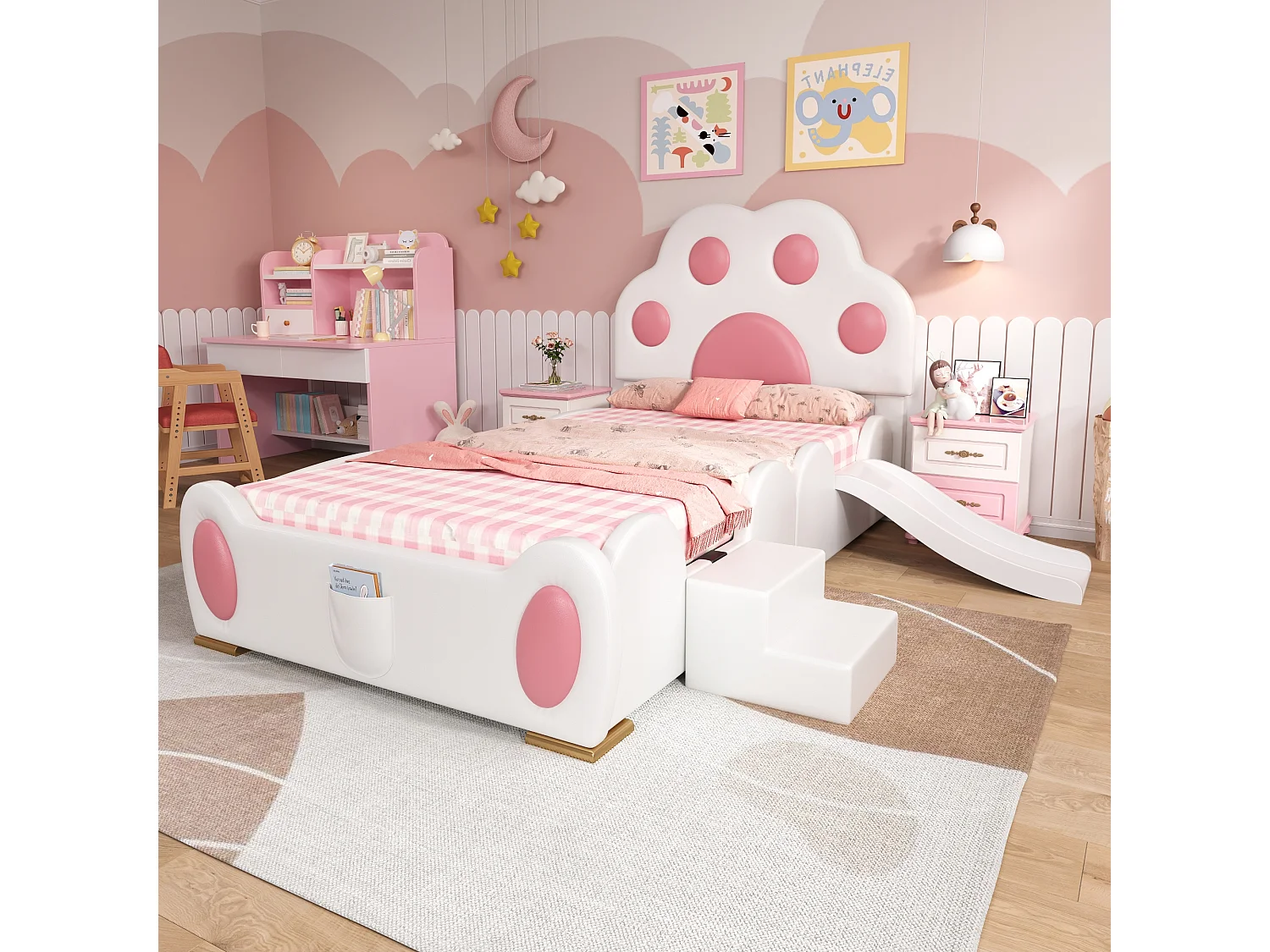 Lit rembourré pour enfant - 90 x 200 cm - avec tête de lit + avec toboggan + échelle - PU - blanc + rose
