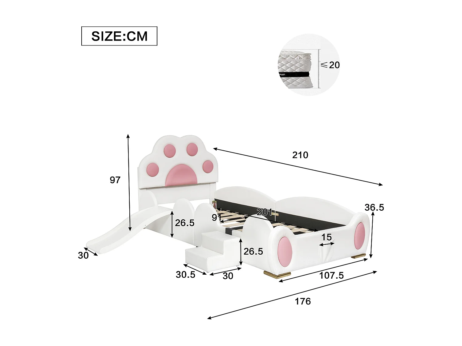 Lit rembourré pour enfant - 90 x 200 cm - avec tête de lit + avec toboggan + échelle - PU - blanc + rose