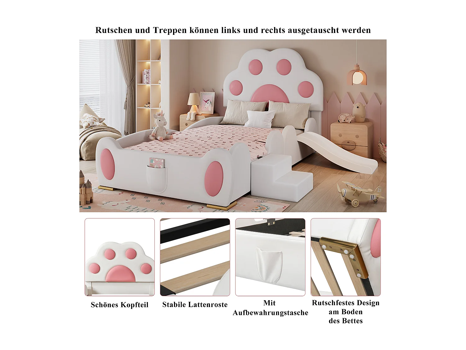 Lit rembourré pour enfant - 90 x 200 cm - avec tête de lit + avec toboggan + échelle - PU - blanc + rose