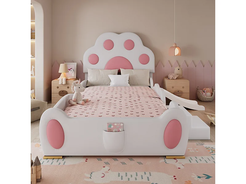 Lit rembourré pour enfant - 90 x 200 cm - avec tête de lit + avec toboggan + échelle - PU - blanc + rose