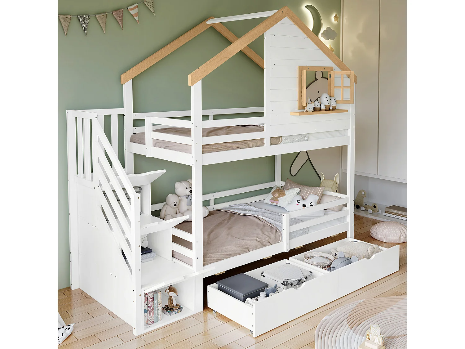 Kinder-Etagenbett - 2 x 90 x 200 cm - mit Stauraumtreppe + Fenster + 2 Schubladen - Holz + MDF - weiß