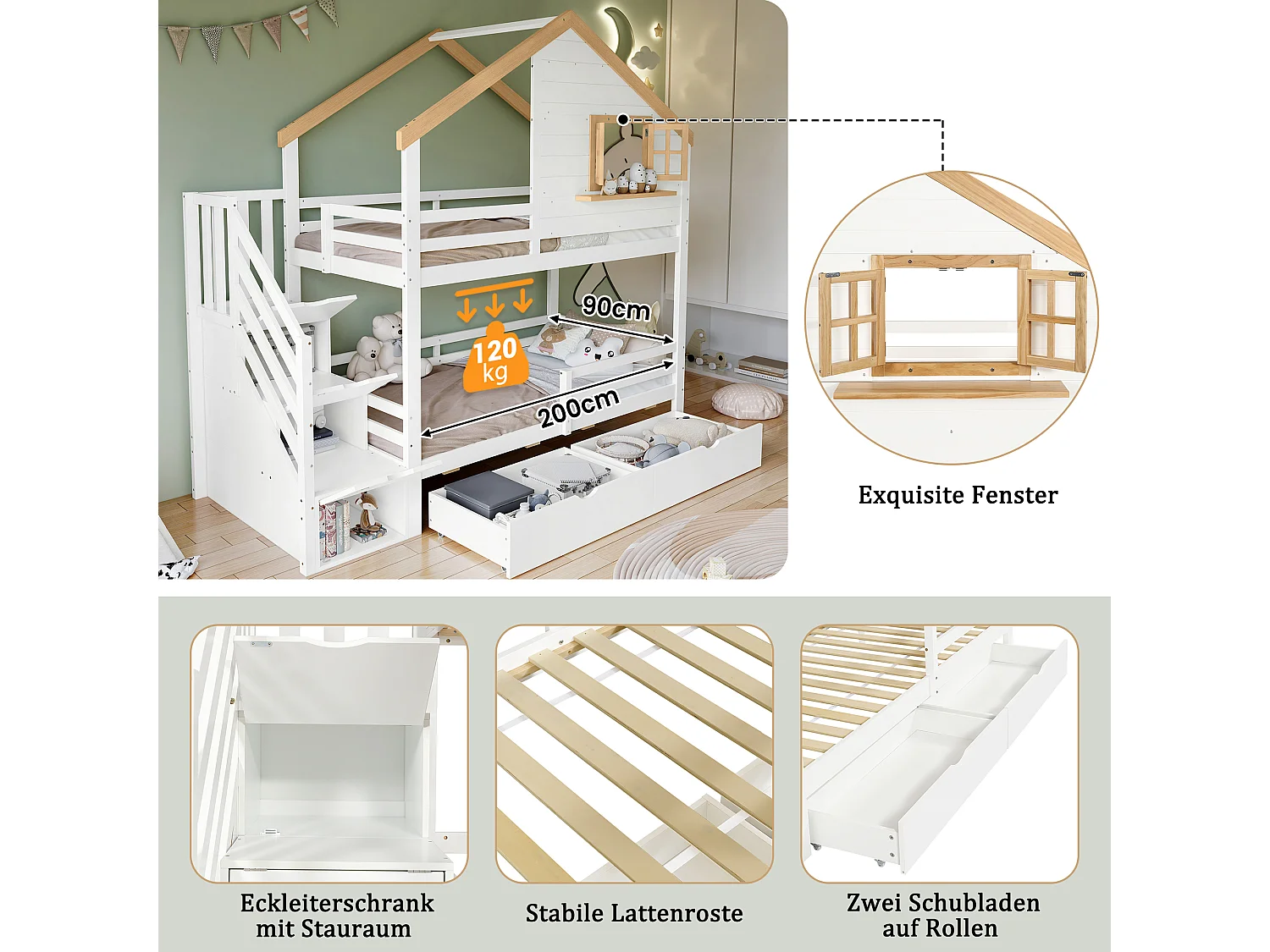 Kinder-Etagenbett - 2 x 90 x 200 cm - mit Stauraumtreppe + Fenster + 2 Schubladen - Holz + MDF - weiß