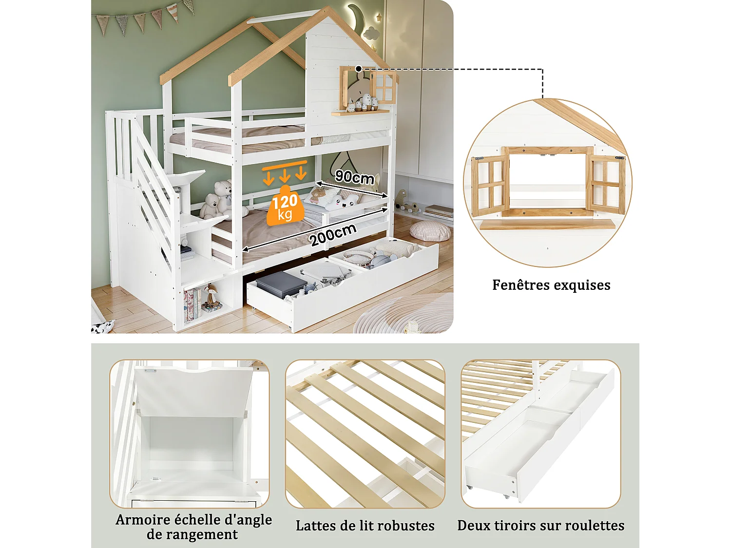 Kinder-Etagenbett - 2 x 90 x 200 cm - mit Stauraumtreppe + Fenster + 2 Schubladen - Holz + MDF - weiß