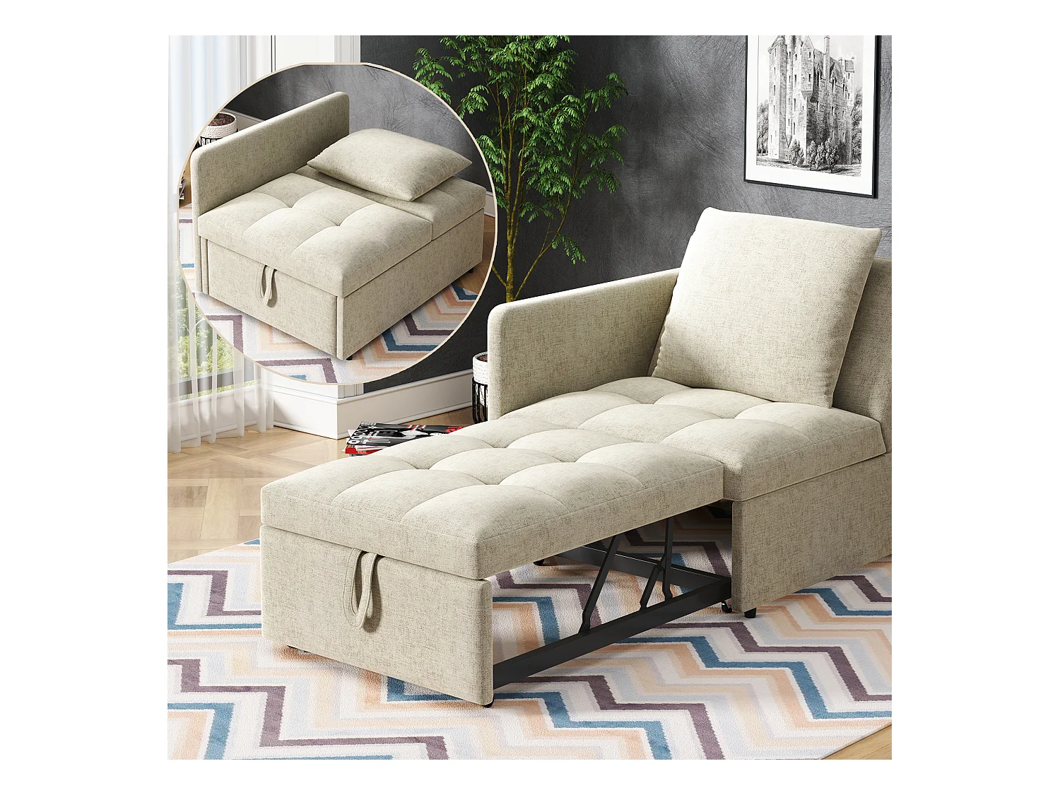 Canapé-lit capitonné 3 en 1 - 60 x 150 cm - Canapé avec dossier réglable - Tissu lin - beige