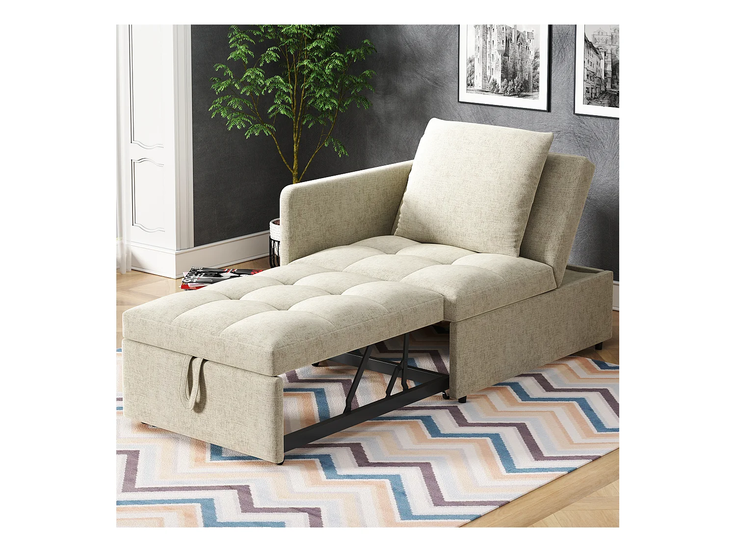 Canapé-lit capitonné 3 en 1 - 60 x 150 cm - Canapé avec dossier réglable - Tissu lin - beige