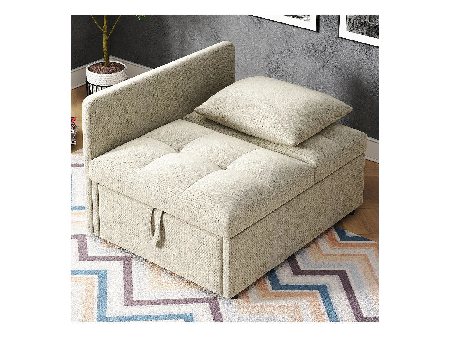 Canapé-lit capitonné 3 en 1 - 60 x 150 cm - Canapé avec dossier réglable - Tissu lin - beige