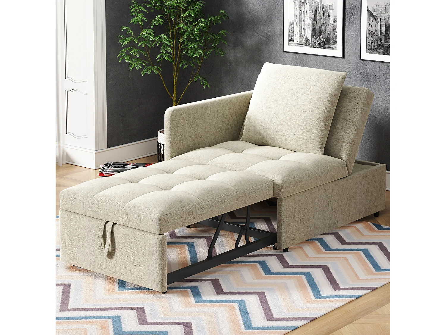 Divano letto imbottito 3 in 1 - 60 x 150 cm - Divano con schienale regolabile - Tessuto in lino - Beige