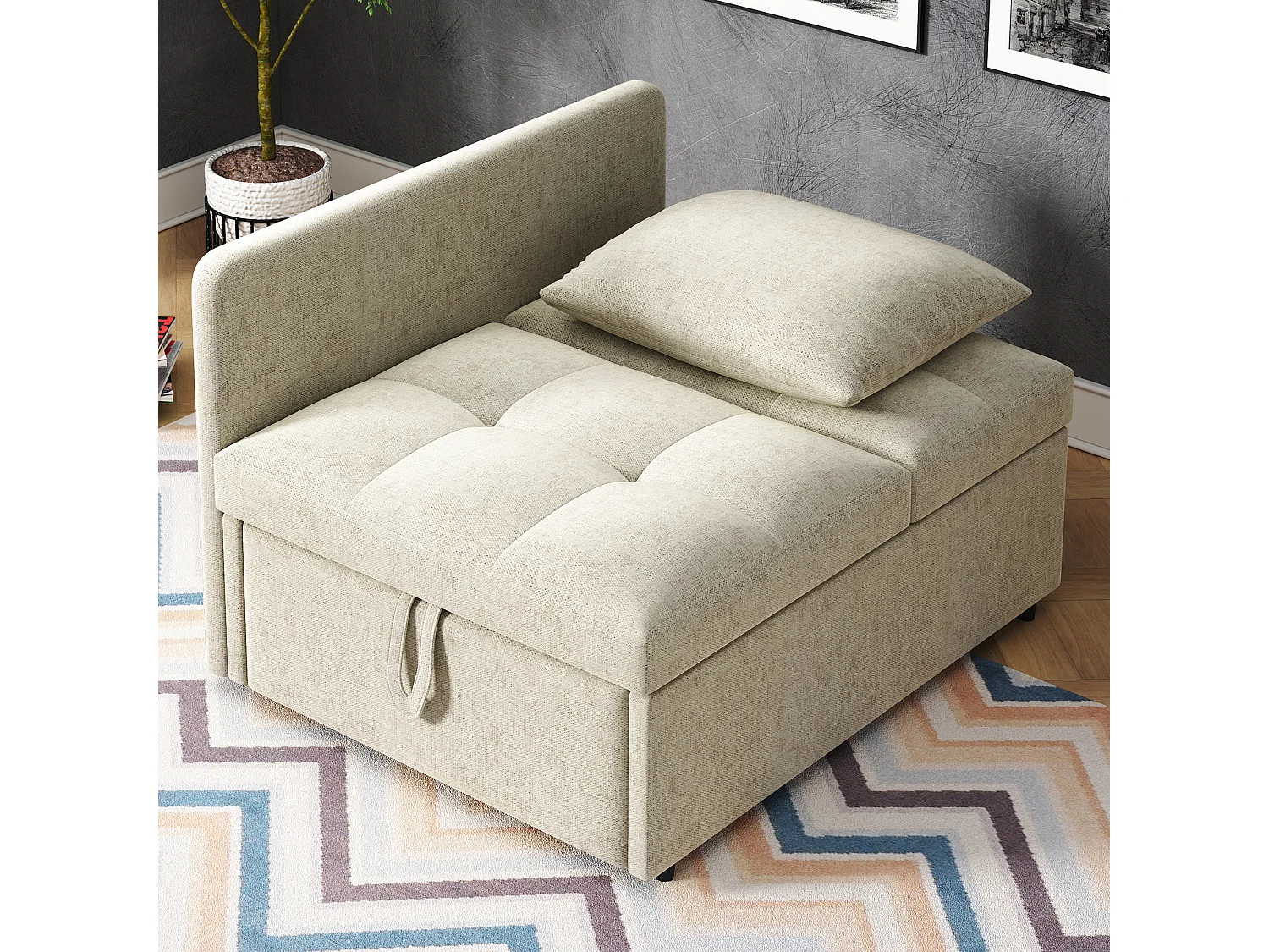 Divano letto imbottito 3 in 1 - 60 x 150 cm - Divano con schienale regolabile - Tessuto in lino - Beige