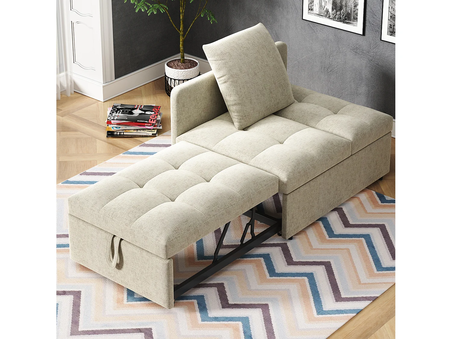 Divano letto imbottito 3 in 1 - 60 x 150 cm - Divano con schienale regolabile - Tessuto in lino - Beige