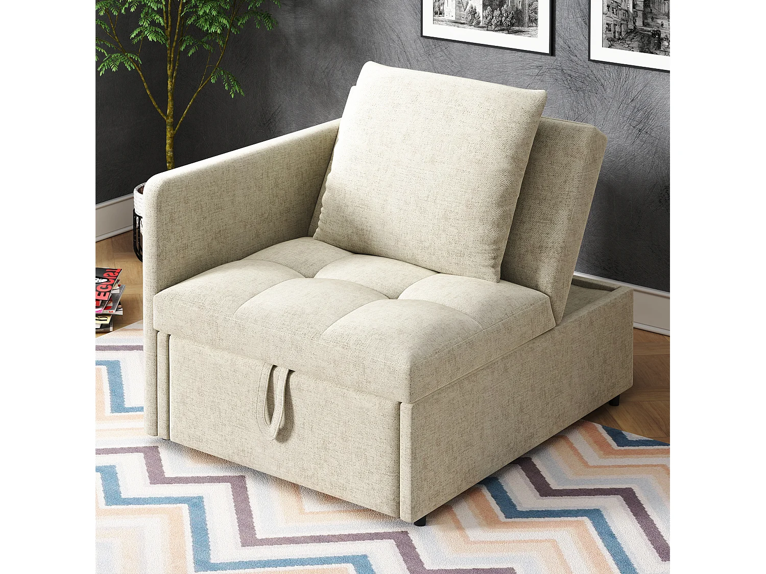 Divano letto imbottito 3 in 1 - 60 x 150 cm - Divano con schienale regolabile - Tessuto in lino - Beige