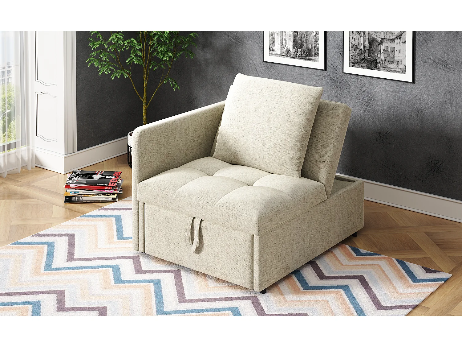 Divano letto imbottito 3 in 1 - 60 x 150 cm - Divano con schienale regolabile - Tessuto in lino - Beige