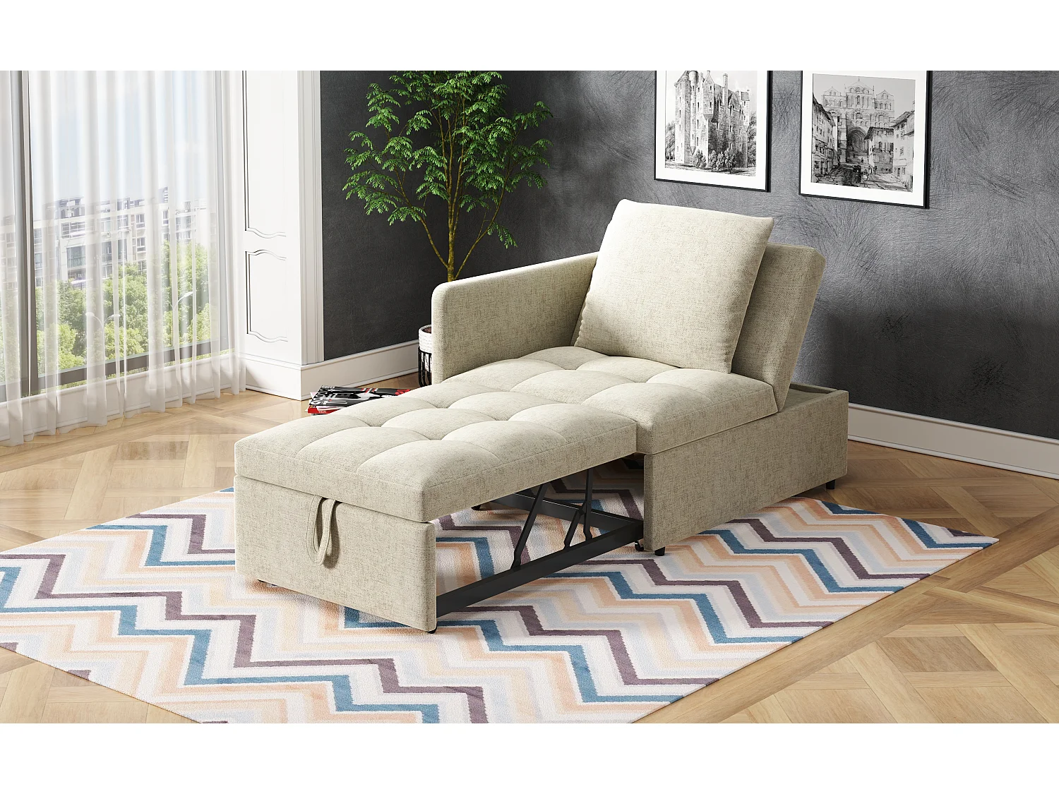 Divano letto imbottito 3 in 1 - 60 x 150 cm - Divano con schienale regolabile - Tessuto in lino - Beige