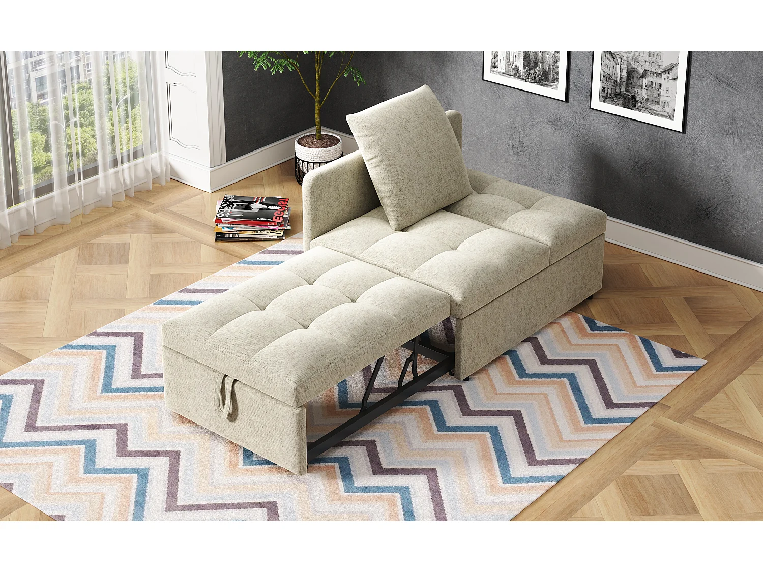 Divano letto imbottito 3 in 1 - 60 x 150 cm - Divano con schienale regolabile - Tessuto in lino - Beige