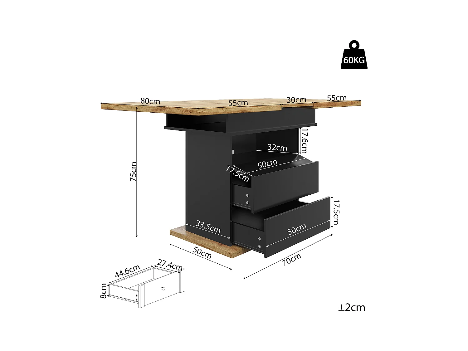 Table à manger pliable 4 - 6 places - 110-140 x 80 x 75 cm - extensible - avec 1 porte + 2 tiroir - MDF - noir