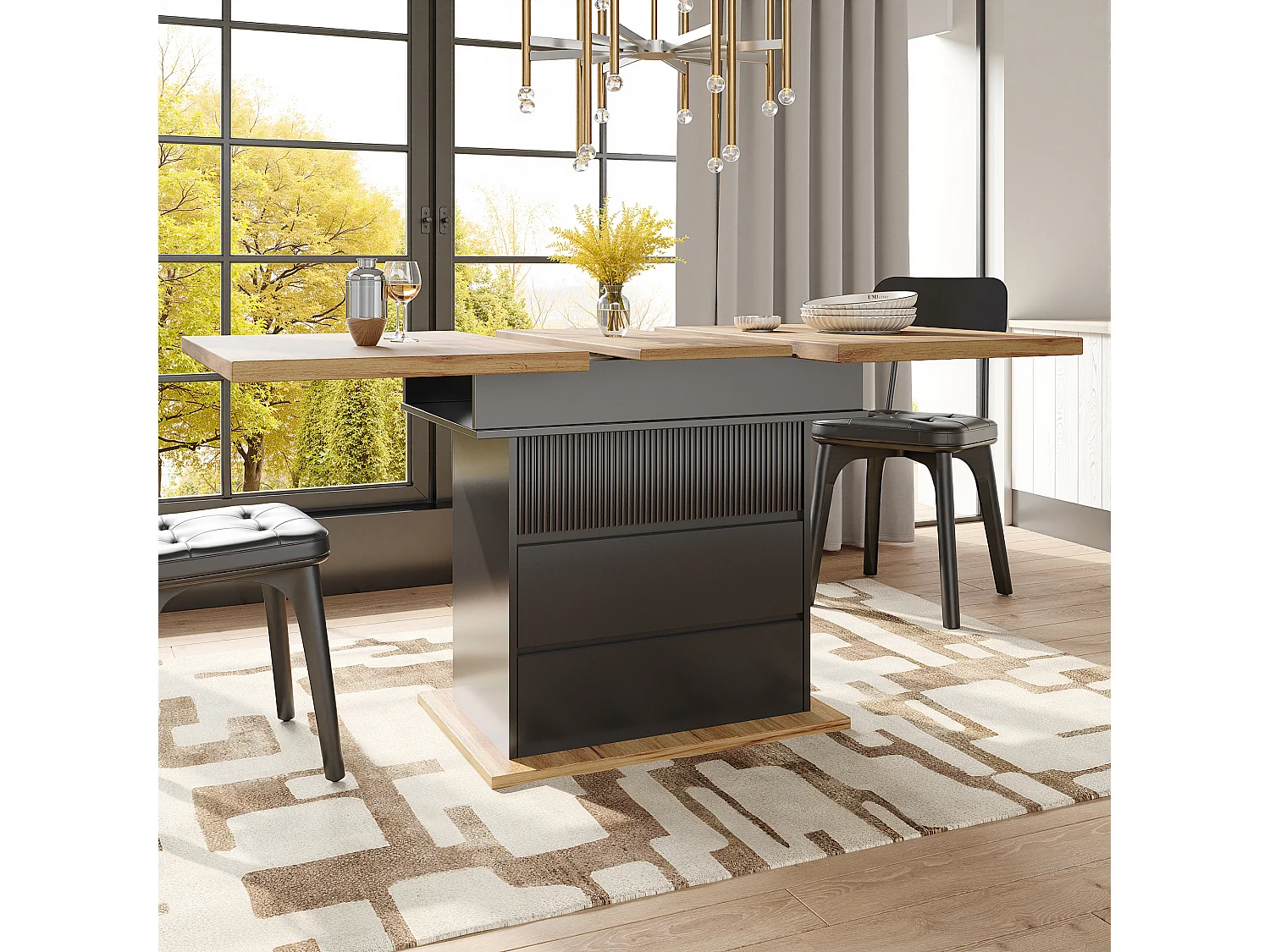 Table à manger pliable 4 - 6 places - 110-140 x 80 x 75 cm - extensible - avec 1 porte + 2 tiroir - MDF - noir