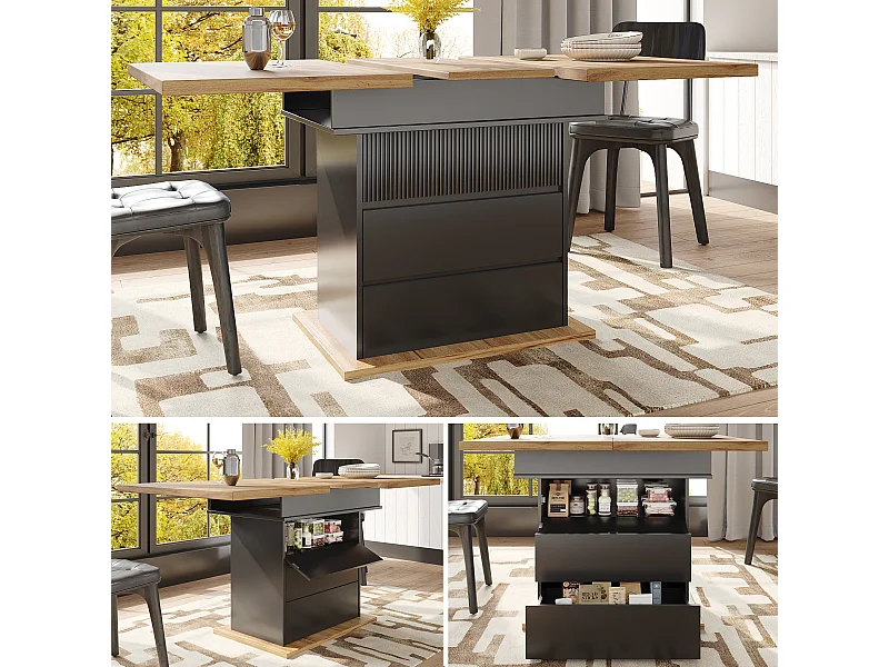 Table à manger pliable 4 - 6 places - 110-140 x 80 x 75 cm - extensible - avec 1 porte + 2 tiroir - MDF - noir