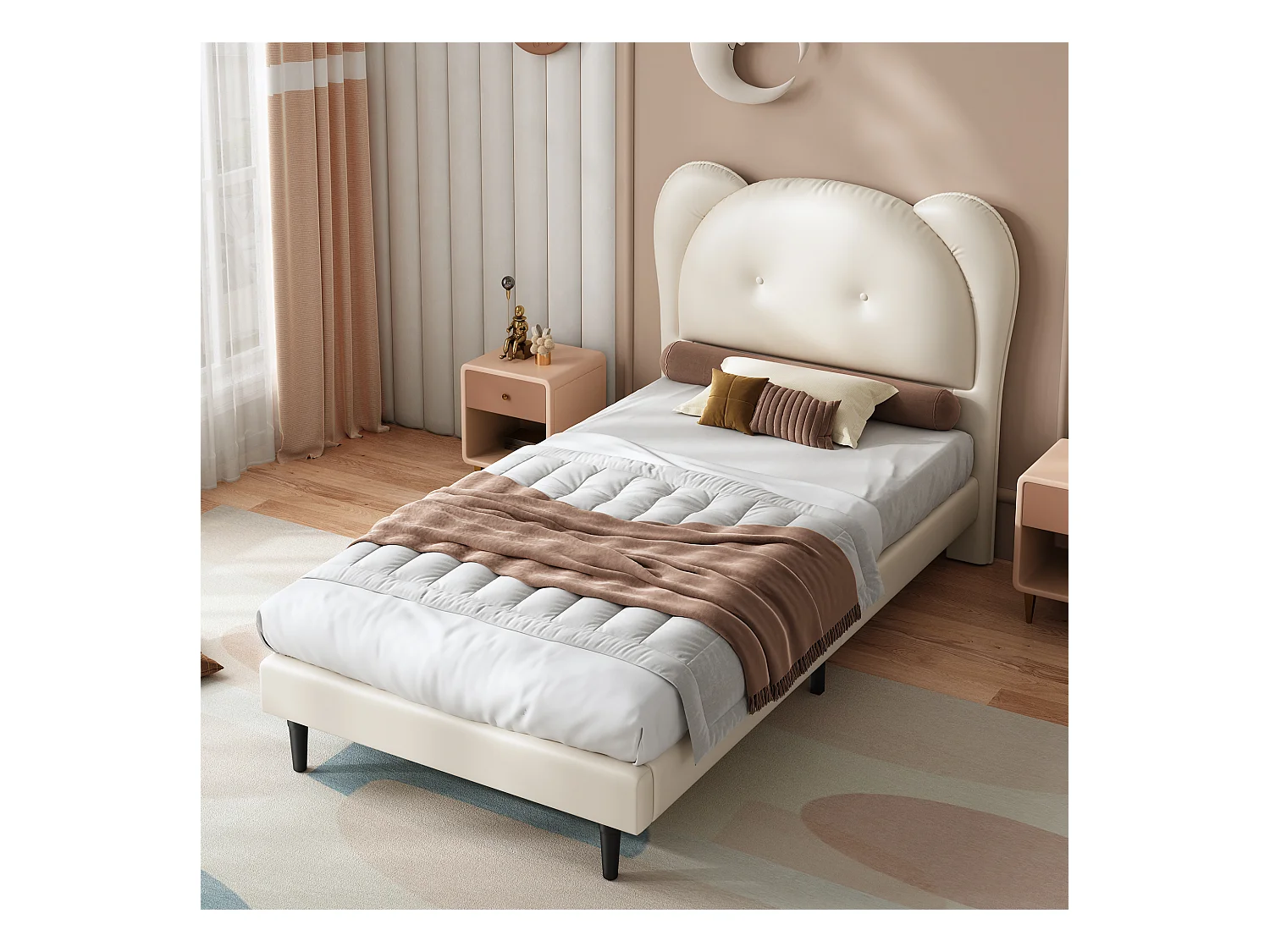 Lit rembourré enfant - 90 x 200 cm - avec tête de lit en forme d'animal  - PU - beige