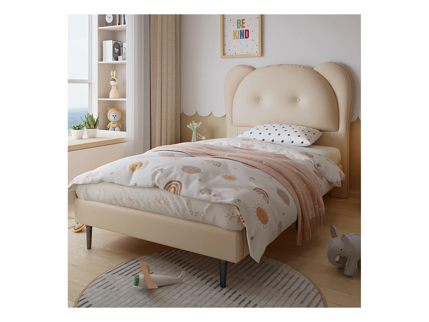 Lit rembourré enfant - 90 x 200 cm - avec tête de lit en forme d'animal  - PU - beige